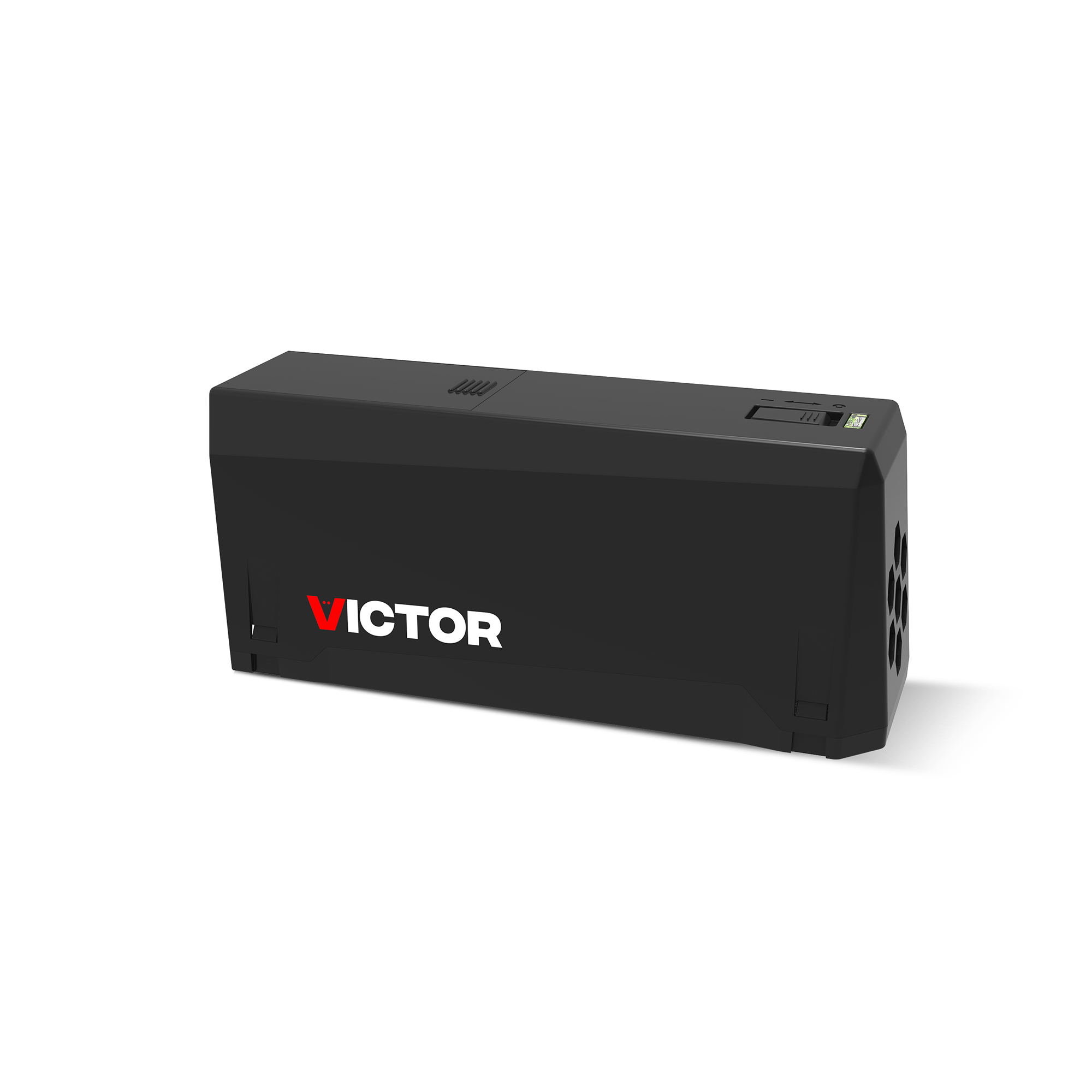 Svart elektrisk rottefelle fra Victor, vist fra siden på hvit bakgrunn.