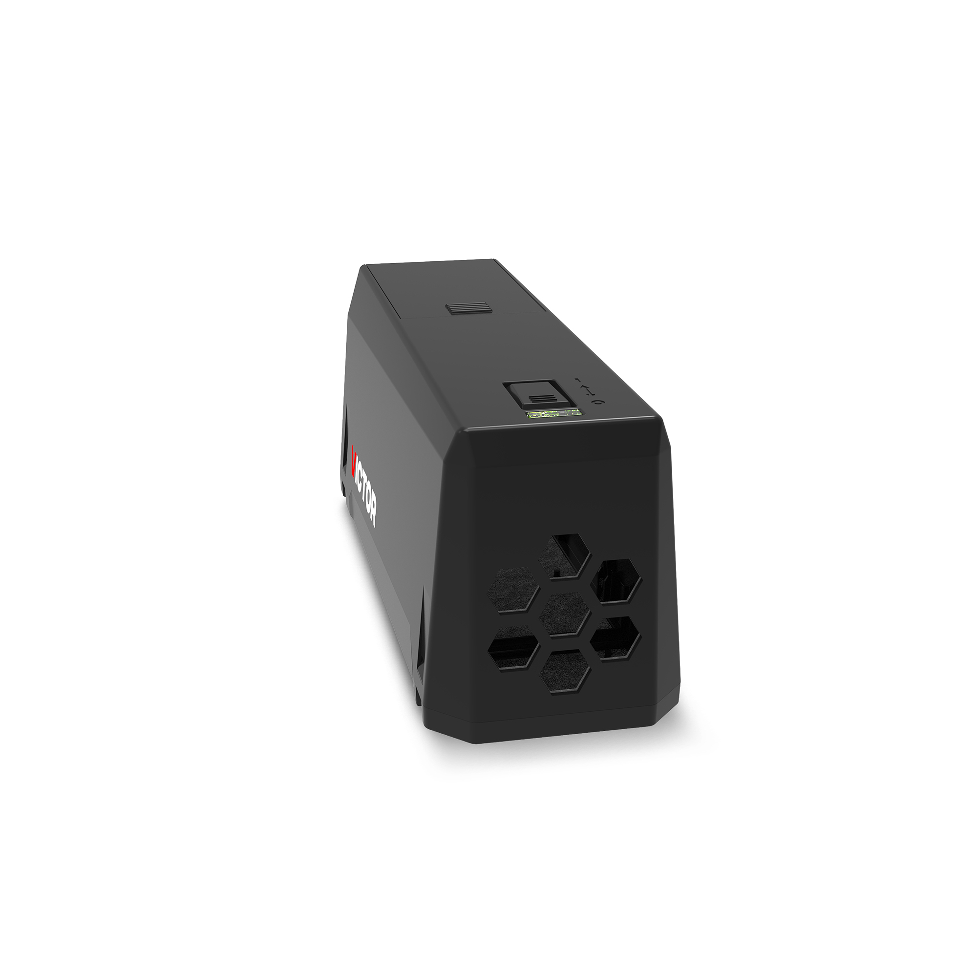 Svart elektrisk rottefelle fra Victor, vist fra baksiden på hvit bakgrunn.
